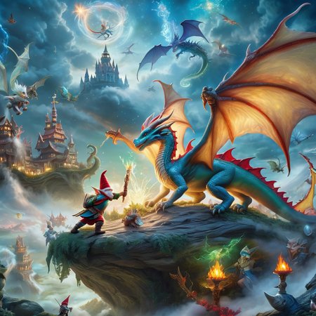 Fujifilm quality photograph (best quality)++, (masterpiece)++, (detailed)+, elf on the shelf fighting a Dragon, (fantasy illustration)1.3, enchanting Dragon battle elf on the shelf, mystical battle, (many gnomes battling)1.4 (whimsical charm).4 Otherworldly charm, mystical sky, (Luis Royo)1.2, (Yoshitaka Amano)1.1, moonlit night, soft colors, (detailed cloudscape)1.3, (high-resolution)1.2 (gnomes  battling everywhere)1.2 , <lora:DonM3t3rn1tyXL-v1.1:0.3> DonM3t3rn1tyXL <lora:DonMD1g174l4sc3nc10nXL:0.3> DonMD1g174l4sc3nc10nXL  <lora:Dragons:0.8> dragon  <lora:EnvyMagicalXL01:0.3> magical <lora:FantasyLandscape:0.8> FanLan