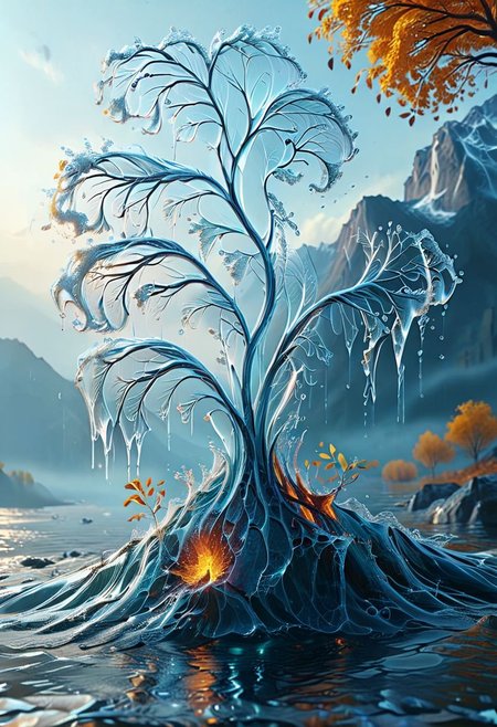 UHD, masterpiece, high quality, extremely details, intricate details, sharp focus, realistic, OverallDetailXL, 
a tree made of water with leaves on fire ,ais-wvs, strong wind, leaves dancing in the air, lake surrounded by mountains,