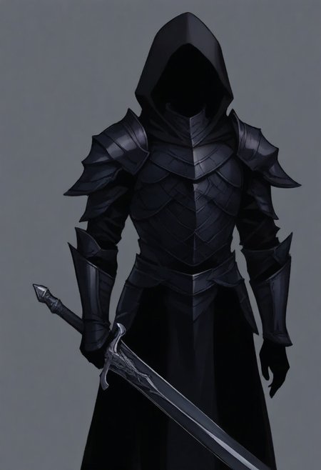 colored skin, black skin, (black hair, silhouette:1.5), no eyes, faceless, no highlights, hooded figure, black robes, dark armor, armored gautnlets,  Nazgul. Holding a sword, penitent pose