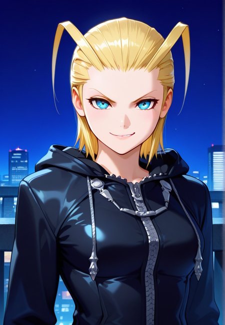 masterpiece, best quality, amazing quality, very aesthetic, absurdres,  newest, detailed background, upper body,  outdoors, night, city, sky, dynamic angle
larxenekh, 1girl, solo, blonde hair, antenna hair, hood, smirk, upper body, short hair, hood down, looking at viewer, forehead, zipper, hair slicked back, blue eyes, black coat
 <lora:Larxene_-_Kingdom_Hearts_Illustrious_r2:1>