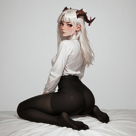(score_9, score_8_up, score_7_up), 1girl, 20 year old girl, black eyes, (kudu horns), dragon horns, medium breast, white shirt, ((black leggings)), sit side, legs side, (ass), eye contact, (blushing), sexy pose, long hair, looking at viewer, full body, solo, white hair, perfect anatomy, (ass focus)