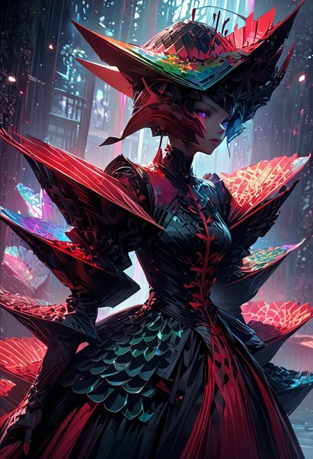 best quality, masterpiece, high resolution, intricate detailed,
beautiful photo of a Avant-garde Fashion - Model walking fashion catwalk, wearing sculptural origami paper fans, folded paper fans hat, traditional japanese patterns,
iridescent, alien clothing. 
alienworld,
rays of light, natural light,