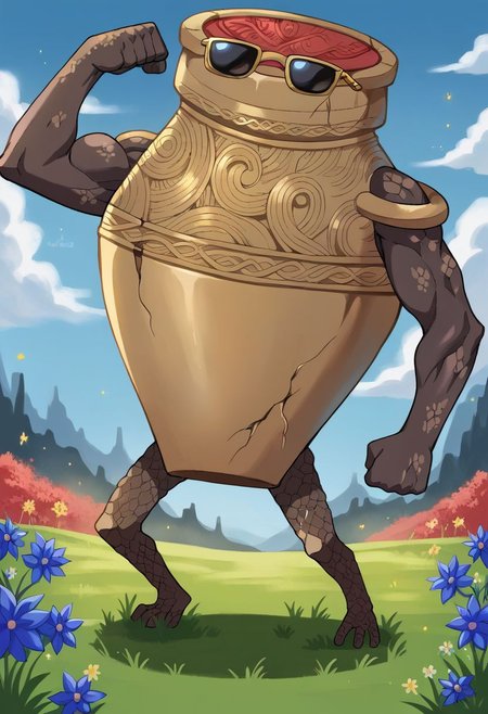 score_9, score_8_up, score_7_up,  RythIFAlexanderPony, Alexander \(Elden Ring\), pot guy,RythIFAlexanderPony, Alexander \(Elden Ring\), pot guy, full body, front view, front view, grass, blue sky, flowers, flexing, ,muscular legs,sunglasses,muscular, <lora:ifalexander:1>