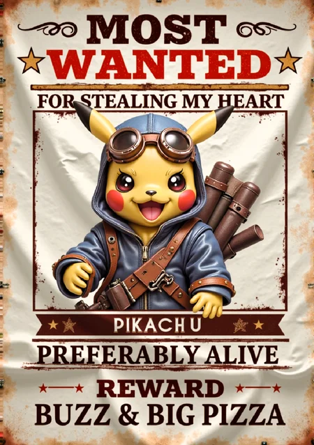 An old pirate-style wanted poster designed to look like it was created on crumpled, burned, and aged parchment with a dark brown grungy texture. The central figure is a cartoon image of Pikachu wearing a blue hoodie and goggles, Pikachu has a cute yet sinister smile with piercing eyes, exuding a mischievous charm. 
The text on the poster reads "Most Wanted for Stealing My Heart" in red and black letters, with the words "((Pikachu)) ((Preferably Alive)) ((Reward)) ((BUZZ)) ((& A Big Pizza))" in smaller gold brownish letters below.
The poster is framed with a detailed gold border, featuring wanted stars, and is rendered in hyper-realistic detail with cinematic 8K UHD quality.