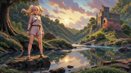 twin drills platinum blonde hair young woman, druid, anime, illustration, extremely detailed, portrait, standing, happy smile, flower in hair, glossy lipstick, celtic necklace, tulip earrings, loincloth, sandals,  Light Zerg Purple druid short dress, legs, sharp focus, fantasy, celtic landscape, small rock, moss, ripples, reflections, celtic  castle, small river pond, druid forest, druid village, stunning nature environment, enchanted land, clovers, Bright Amaranth flowers, best quality, colorful, wet floor, bright sunny sky, sunset, raytracing, hdr, high contrast, ethereal natural lights, backlight, lens flare, shadows, vibrant colors, colorful, pretty, beautiful, happy, smiling, feminine, sexy, lovely, in love, adorable, fashion,  <lora:Hand v2:1> <lora:Anti-Blur:1><lora:Insane Detail Slider:0.5>  <lora:flux.1_lora_flyway_Epic-detail_v2:0.3><lora:fluxenhancer:0.5> <lora:RetroAnimeFluxV1:0.4> <lora:Luminous_Shadowscape:0.4> <lora:SujatmikoArafuru_Flux:0.2> Suzume style