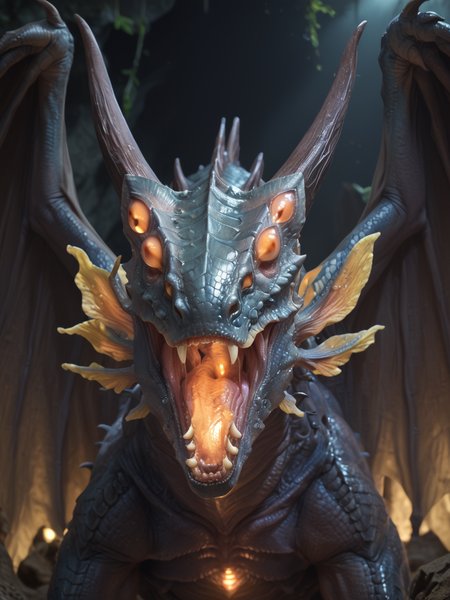 <lora:MH_XenoJiiva_a1_7_PonyXL:0.9>, score_9,score_8_up,score_7_up, nature photography, (extreme closeup, extreme portrait:1.5), head focus
xenojiiva,feral,by zackary911,by syuro,by hanuvo,solo,hi res,detailed background,cave,orange eyes,no sclera,
shiny wings,raised tail,multi eye,open mouth,standing ,frontview, eye level shot, (glowing:1.8) chest,
, bloom, subsurface scattering, sharp hyper detailed, (dark lighting:1.5), dark dramatic lighting, (shiny metallic skin:1.2), (ultra-detailed small micro scales), bright highlights, <lora:RM_Enhancer_v1.0_bf16:.1>  <lora:p:.2> <lora:Add_More_details_SD3:.5> ,