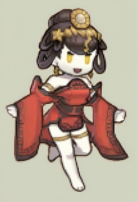 masterpiece, best quality, 1girl, :d, standing on one leg, <lora:NuwaSMT-illu:1> nuwa, black hair, hair bun, hair rings, headpiece, yellow eyes, white skin, earrings, red dress, off-shoulder dress, armlet, wide sleeves, black sash, bare legs, thighlet, barefoot,  <lora:Feh-Sprites-illus_Fp:1> simple background, chibi, full body