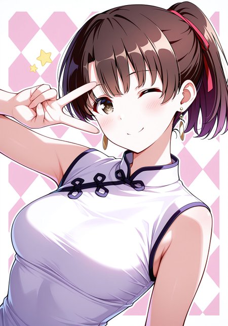 masterpiece, best quality, amazing quality, very aesthetic, absurdres, highres, newest, 

1girl, solo, katou megumi, saenai heroine no sodatekata, brown eyes, brown hair ,short hair, ponytail, earrings, dynamic pose, dynamic angle, looking at viewer, upper body, (simple background, argyle background, two-tone background), china dress, head tilt, happy, smile, v over eyes, wink, one eye closed, star (symbol), sparkles,