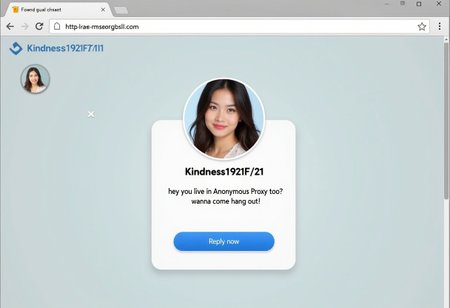 a chat pop up window in a browser, a profile picture of a pretty asian girl, profile name is "Kindness1921F/21" letters spelling out a chat message "hey you live in Anonymous Proxy too!? wanna come hang out?"
A "reply now" button below chat message,