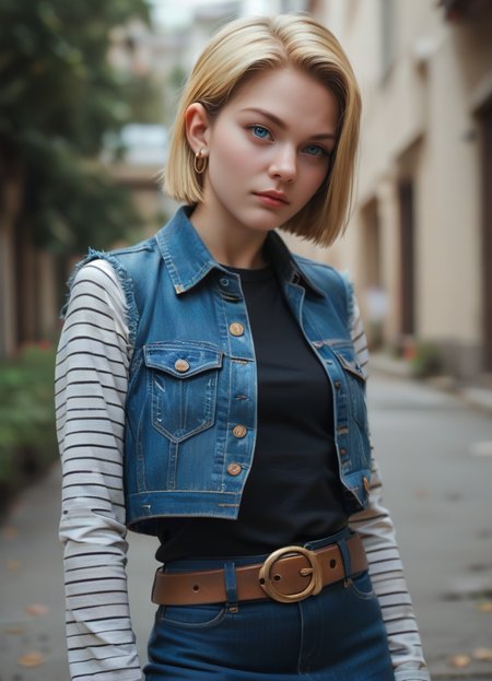 score_9, score_8_up, score_7_up, score_6_up, score_5_up, score_4_up, rating_safe, <lora:XSFQT_XLV03:0.25> XSFQT, <lora:R0y41_RealXL_V00:0.5> R0y41, realistic looking, raw photo, photorealistic, <lora:extremely_detailed:1> extremely detailed,
 <lora:DBZ_Android18_v1:1> android 18, 1girl, solo, blue eyes, short hair, blonde hair, earrings, || denim skirt, blue skirt, pencil skirt, black shirt, long sleeves, striped sleeves, brown belt, black pantyhose, denim vest, blue vest,