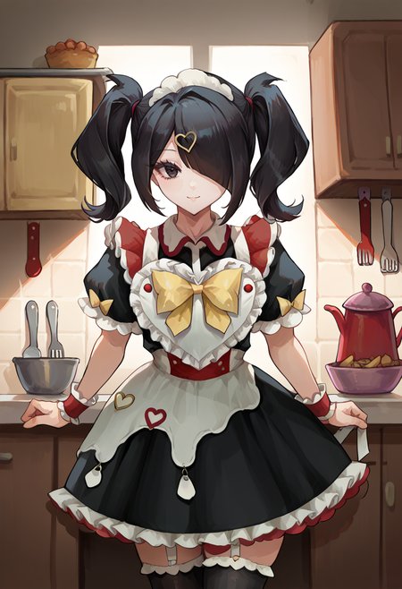 score_9, score_8_up, source_anime, 1girl, solo, AmeSweetsParadise, black hair, black eyes, medium hair, twintails, hair over one eye, heart hair ornament, maid headdress, enmaided, maid apron, black dress, collared dress, yellow bow, puffy short sleeves, frills, wrist cuffs, black thighhighs, indoors, kitchen, smile, <lora:ChamKAngelPonyXL:1>