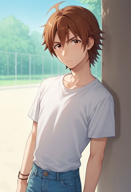 score_9, score_8_up, score_7_up, source_anime, highly detailed, 
touma, 1boy, male focus, brown hair, ahoge, brown eyes, solo, skinny, slender, shirt, white shirt, short sleeves, denim,
outdoor,