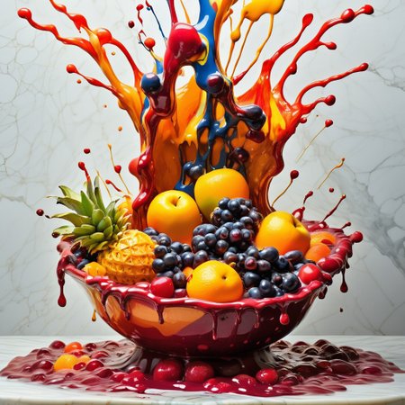 Messy surrealist evocative dynamic exploding art sculpture made of molten stone, Liquid marble melting blended fruit, amorphous flowing splashing, in bowl, overflowing pouring out on to swirling puddle of fruit compote with cream