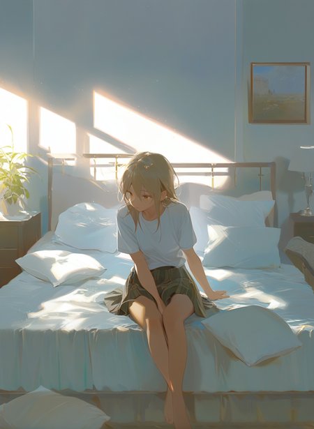 masterpiece,best quality,great quality,good quality,normal quality,low quality,worst quality,
1girl,white_shirt,skirt,looking at viewer,indoor,bed,there are many pillows,sunny,noon,sitting_on_bed,
upper_body,