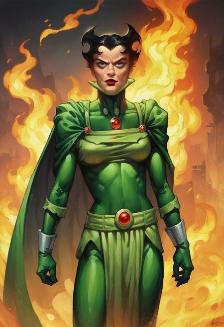 score_9_up, score_8_up, score_7_up, score_6_up, score_5_up, 1girl, solo, bernadeth, short black hair, spiked hair, green cape, green bodysuit, red lipstick, sneer, standing proudly, firey science-fiction landscape,  , (realistic), (painted art)