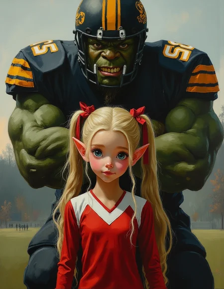 masterpiece, high quality, Oil Painting, a close up portrait of a teen elf cheerleader, approximately 4 feet tall, standing confidently in front of a towering green skinned orc football player who is over 7 feet tall. The cheerleader is wearing a vibrant red and white uniform, her posture radiating courage and determination. Her long blonde hair is neatly tied in two long pigtails with matching red ribbons, and she has a warm, enthusiastic expression. Her face is delicate, with angular features and luminous, almost ethereal white skin, with small pointed elf ears. Her large, almond-shaped eyes are a striking shade of silver-blue, framed by long lashes. The green skinned orc football player behind her is clad in a full, bulky black and gold football uniform, including a helmet and shoulder pads that emphasize his immense size. His stance is protective and solid, with his arms crossed and a subtle smile, that displays his sharp teeth and tusks. His body is huge and muscular, like a heavy weight lifter. The background is a football stadium during dusk and a slightly blurred view of the field. ultra detailed, romantic, Oil paint with visible brush strokes, dry brush painting, novuschroma, in the style of Rembrandt. FS, vantablack <lora:style_of_Rembrandt_FLUX_135:.8> <lora:- Flux1 - vanta_black_V2.0:.4> <lora:113_novuschromaFLX_1:.2> <lora:neeeg_f1:-1>