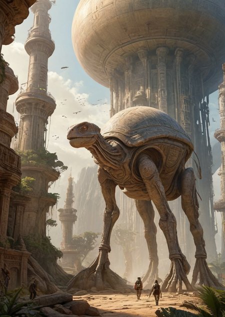 (pui:0.01) An intrepid explorer standing amidst ancient, overgrown ruins on a mysterious planet, deciphering the secrets of a long-lost civilization,
slender, elevated explorer with scouting gear on their back, riding a flying mount, giant, intricately carved statues depicting alien creatures, a whispering breeze carrying the whispers of the past, a large observatory dome, alien animals scurrying in the sunlight, the explorer's breathing filled with wonder, distant, towering minarets piercing the sky, a lively city square with ancient runes, a hidden message awaiting discovery, 
(bright anomaly:1.28), (jarring contrast:1.12), (eye-catching:1.08), (surreal juxtaposition:1.19),(trending:1.04) (epic:1.14, (masterpiece:1.02), (high image quality:1.08), (RAW:0.93),(high resolution photograph:1.28),high definition,masterpiece, absurdres, newest, <lora:LCMTurboMix_Euler_A_fix.safetensors:0.96:0.3>  p18,s22