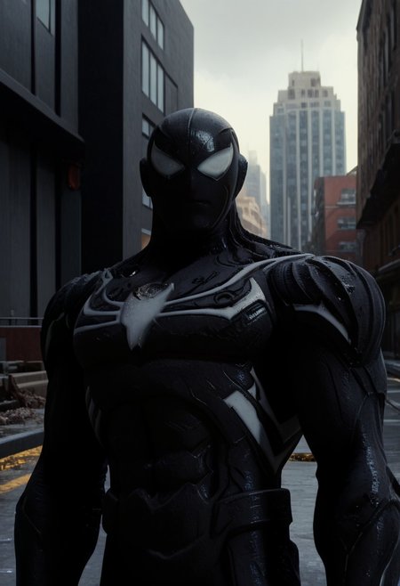Ultraman Tiga black suit, simple suit, symbiote suit, black mask, white eyes, white patches on hands, black webs, skinny, outside, in city, on rooftop, upper body, boy, solo, score_9, score_8_up, score_7_up, high-res image, masterpiece, best quality, no_pupils, black Organic Armor,Monster, Ultraman Tiga, fullbody shot, vanishing_point