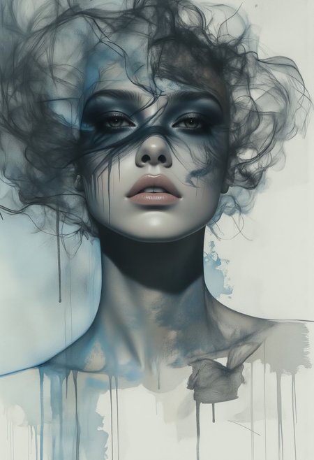 Eye liner, film grain, Korean Model, smoky ethereal face, grey and blue, muted color with bold dark outlines, smoke/most partially obscuring her face, one point source of light, diffused around the smoke, watery like appearance, mixed theme portrait, average length neck, By Tom Nulens, OBxiaoxiang,