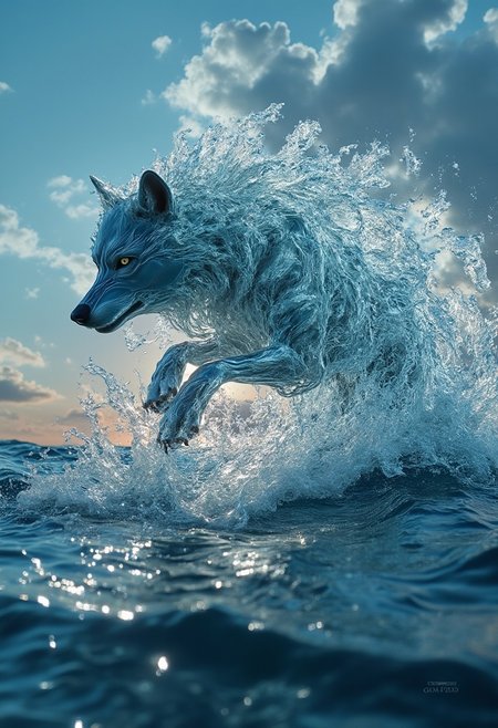 semi-realistic, 4k, uhd, subsurface scatter, light reflection, perfect composition, wonderful lighting 
water wolf, wolf made out of water, water reflections, dynamic, made of water, transparent crafted entirely from water, light breaks in his body, super realistic waterbody, extreme realistic water.
Wolf is mid jump out of the ocean but is half under water. Dynamic  water, dynamic camera, landscape, ocean, open sea, realistic light breaking inside water, reflections, water reflections, light reflection, waterdrops, sun setting, sunlight, water splashing,
translucent luminescence, liquid, dynamic water flow