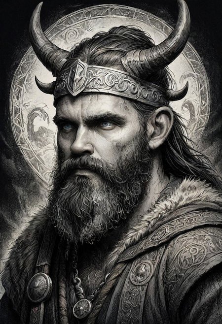 a black and white drawing of a bearded man with horns, norse god, male god svarog portrait, viking god, by Roman Bezpalkiv, by Tadeusz Pruszkwski, by Nikola Avramov, tuomas korpi and wlop, greybeard, painted portrait of rugged odin, 0 fantasy proto-slavic mythology, INK ART