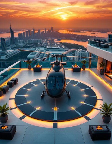 A high-resolution photo of a luxurious rooftop of a five-star hotel at sunset, featuring a sleek helipad with a high-end, matte-black private helicopter elegantly parked. The rooftop is designed with ultra-modern architecture, featuring a spacious terrace with infinity-edge glass railings, ambient lighting, and a panoramic city skyline in the background. The surface of the helipad is clean, polished concrete with clear illuminated markings. Surrounding the helipad, there are lounge areas with modern outdoor furniture, minimalist fire pits, and decorative planters with tropical greenery. The lighting is warm and golden, casting soft shadows and highlighting the contours of the helicopter and the textures of the rooftop. The sky is dramatic, painted with hues of orange, pink, and violet, creating a cinematic atmosphere of luxury and exclusivity. The overall mood is elite, calm, and aspirational, showcasing the ultimate in urban luxury lifestyle.
<lora:SDXLFaeTastic2400:0.4> <lora:extremely_detailed:0.4> extremely detailed, <lora:helipad_r00ft0p:1>,helipad r00ft0p, Masterpiece,best quality,hi res,8k,hi res,8k,award winning,(sharp focus, intricate, highly detailed),
