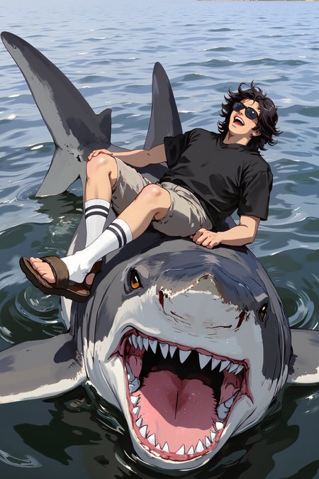 a humorous and surreal scene of a person lounging on the back of a giant shark in a body of water, likely an ocean or lake. The shark is enormous, with a wide open mouth and sharp, menacing teeth, dominating the foreground. The person, a man, is lying on his back with his legs extended, enjoying the unusual ride. He is wearing a black tshirt, and wearing knee-high white socks with two black stripes near the top, and brown sandals. His hair is dark and wavy, and he is wearing sunglasses, adding a sense of casualness and nonchalance to the situation. The background shows calm, expansive water, with no visible land, indicating a remote or isolated location. The texture of the sharkâs skin appears rough and slightly worn, while the water is smooth and reflective, enhancing the contrast between the two subjects.<lora:XRSTYLE_FLUX:0.7><lora:RetroAnimeFluxV1:0.7><lora:MoriiMee_Gothic_Niji_Style_FLUX:0.7>