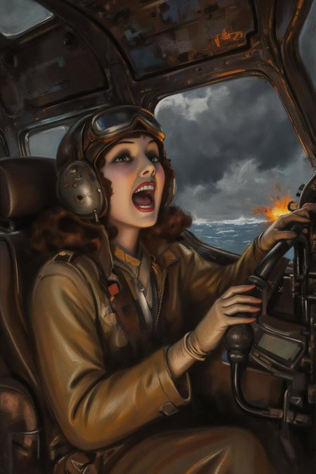 rolfarmstrong1 illustration.
A female pilot screaming inside the cockpit of a World War II bomber. The pilot, wearing a vintage leather flight helmet with goggles and a bomber jacket, grips the controls with white-knuckled hands. Her face is contorted in a mix of fear and determination as she yells, her eyes wide with adrenaline. The cockpit is cramped and filled with old-fashioned dials and gauges, with the outside view showing dark stormy clouds and distant anti-aircraft fire
 <lora:rolfarmstrong1_cap_d8a4:1.0><lora:862581591111637417:0>