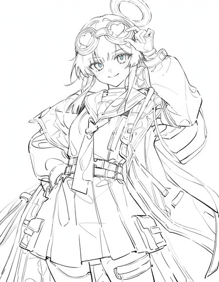 1girl,solo,white background,simple background,looking at viewer,cowboy shot,smile,vsdr.soul,goggles on head,necktie,<lora:vsdr.soul-000012:1>,alternate costume,sailor,, masterpiece, best quality, very aesthetic, absurdres,newest, incredibly absurdres,, artist:yoneyama mai, (artist:wanke:1.1), artist:mocha, (cotton:1.1), artist:date, (senpen:1.1), artist:ciloranko, artist:noyu, noyu23386566, (artist:sho:0.8264462809917354), (sho lwlw:0.9090909090909091), year 2023, (solo:1.3310000000000004), lineart, monochrome