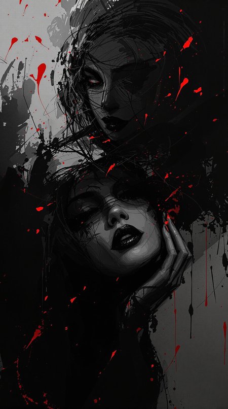 "Create a minimalistic digital painting of a seductive woman, using a dark color palette of black and red. The painting should be abstract, with bold and expressive brush strokes that add a sense of drama and mystery. The woman should be depicted with a sultry, enigmatic expression, her form blending into the dark, abstract background. The contrast should be dramatic, with deep shadows and intense highlights that create a visually captivating and hauntingly beautiful scene. The overall atmosphere should be dark fantasy, evoking a sense of sultry mystery and darkness. The painting should be 4k high quality, suitable for a visually stunning wallpaper, with a dark and visually compelling aesthetic."