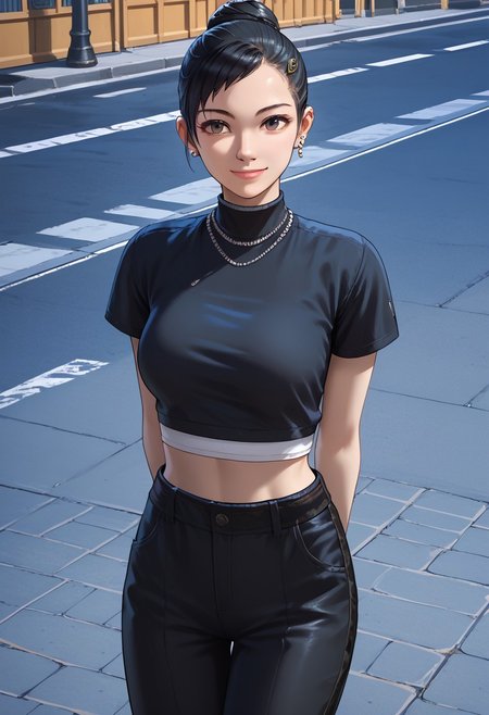 score_9, score_8_up, score_7_up, source_anime, 1girl, chitose, solo, black hair, necklace, earrings, hair bun, smile, street, large breasts, midriff, pants, cowboy view, looking at viewer, arms behind back, leaning forward
