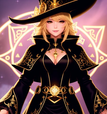 Masterpiece, 4K, highly detailed, magic, fantasy universe, final fantasy xiv black mage, beautiful woman wearing mage_glam,blonde hair,  (final fantasy black mage robes and hat, black gloves, beautiful mage robe with superb golden runes embroidery, magical runes:1.2), casting a spell,(upper body closeup:1.3), smiling at the viewer, dark haired black mage, extreme amount of detail, analog style, magical glowing colors, symmetric, centered, closeup, feminine, athletic, fit, narrow waist, high, contrasted colors,  realistic body proportions, realistic, photo-realistic, 8k, highly detailed, led light, laser lights,fruit-flavored, (thepit bimbo:0.5), glossy,anatomically correct, symmetrical anatomy,  high fantasy castle background, pixies,<lora:Mage_Glam:0.355>,