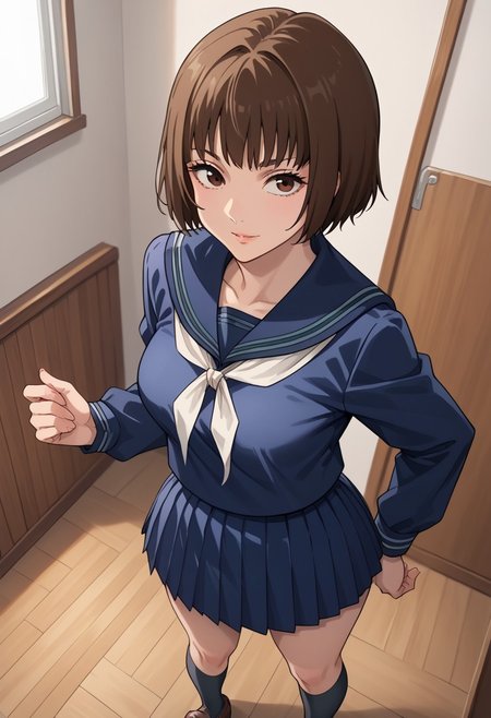 score_9_up, score_8_up, score_7_up, score_6_up, score_5_up, score_4, source_anime, 1girl, brown hair, short hair, bangs, brown eyes, school uniform, blue serafuku, sailor collar, blue skirt, pleated skirt, black socks, brown loafers
solo, cinematic lighting, dynamic angle, unique angle, skin tight, looking at viewer, bedroom, medium breasts, big butt, hips, thighs, above view, standing, smile
