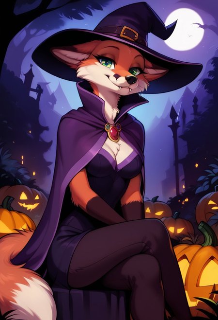 score_9, score_8_up, score_7_up, highres, high quality, perfection,
BREAK 
1girl, (solo: 2.0), girl alone, front view, halloween,
BREAK 
furry female, fox girl, (anthro fox girl: 1.2), beautiful girl, cute girl, adult, 20 years old, detailed body, detailed fur,  shapely girl, (slim body: 1.2), petite body, (bald_girl: 1.2), (baldness: 2.0), detailed face, beautiful face, eyelashes, (green eyes: 1.2), perfect eyes, detailed eyes, fangs, whiskers, medium breasts, fluffy tail,
clothed, (wizard: 1.3), purple robe, purple dress, high collar, cape, purple wizard hat, pendant with green gem,
(sitting on pumpkin: 1.4), legs crossed, smiling, looking at viewer,
BREAK
outdoors, detailed background,