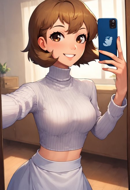 score_9, score_8_up, score_7_up, source_anime BREAK 1girl, solo,
<lora:zs_ToriumiXL:1> toriumip3, short hair, brown hair, brown eyes, R_doutei,long sleeves,midriff,smile,waist apron,white ribbed sweater,center opening
slf, selfie, one hand holding phone, red phone, mirror,
