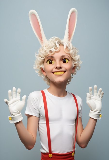 score_9, score_8_up, score_7_up, rating_safe, source_cartoon JaxTADC, solo, gloves, 1boy, animal ears, hands up, upper body, portrait, toes, animal ears, rabbit ears, suspenders, chibi:1.9, male focus, human:1.9, white hair, hot white t-shirt, pants, hot white gloves, yellow sclera, colored sclera, Hot White eyes, yellow teeth, rabbit feet, Hot White cornea, curly hair, cliffside