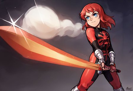 score_9, score_8_up, score_7_up, solo, 1girl, female focus, source_cartoon, 2D, solo, julie_power, red hair, blue eyes, flat chest, super_suit, chest logo, sunrise stance, holding weapon,  SWORD, STANDING,  dark dungeon, darkness, a background of dark dungeon, smirk,