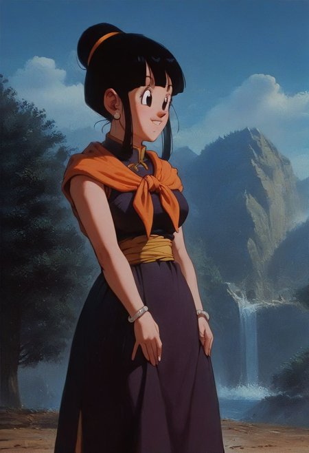 score_9, score_8_up, score_7_up,   score_9, score_8_up, score_7_up,score_9, score_8_up, score_7_up, score_6_up, score_5_up, source_anime, uncensored, BREAK, masterpiece, best quality, ultra-detailed, chichi_dbz, ((milf, mature face, tall)), Purple_Dress_Orange_Neckerchief, sleeveless, standing, smile, on the mountains, cowboy shot, realistic, volumetric lighting, intricate details, tonemapping, sharp focus, hyper detailed, <lora:chichi_dbzV2:0.7>