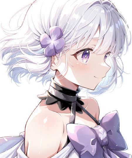 intricately detailed illustration, shiny skin, masterpiece, best quality, amazing quality, very aesthetic, newest, scenery, (volumetric lighting:1.1), full color, clear line, <lora:arte_v1:0.8>, arte, purple eyes, white hair, short hair, hair ornament, purple clover ornament, black choker, white dress, bare shoulders, purple ribbon, smile, upper body, simple background, <lora:cfg_scale_boost:0.7>
