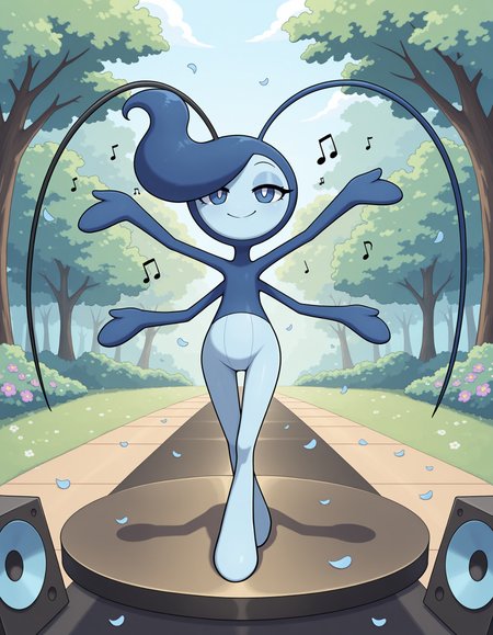 masterpiece, best quality, amazing quality, very detailed, newest, no humans, WnMlttBt, pokemon \(creature\), multicolored skin, 4 arms, blue hair, antennae, full body, looking at viewer, (on stage), outdoors, trees, nature, (music notes), smile, sunny, (flower petals), loudspeakers, dynamic pose, , <lora:1214d12e-1ad5-4f79-9766-25110fe55ba4:0.8>
