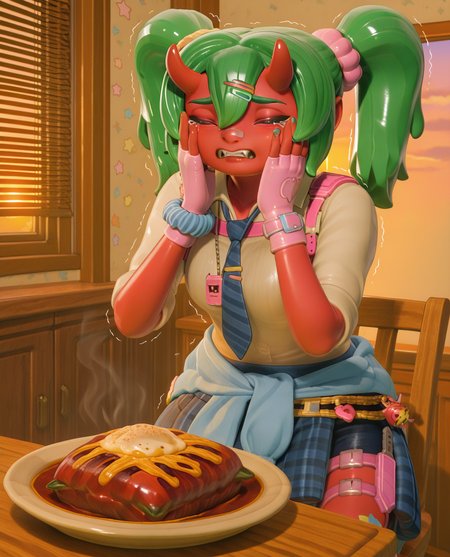 highly detailed, (upper body:1.3),  (detailed background, kitchen, sunset, golden hour, shutters, blinds down, blinds, wooden table, wooden chair, orange interior, indoors:1.2),  (delicious food, crying, tears, sad, closed eyes, tears flowing down the face, trembling, hands on own face, bomb on plate:1.2), (fortnite_nemia_lego:1.4),  1girl, solo, green hair, twintails, ponytail, long hair, bangs, hair between eyes, hair over one eye, ears, horns, oni horns, single horn, red skin, pink skin, blue eyes, parted lips, bandaid, bandaid on nose, bandaid on thighs, breasts, shirt, school uniform, necktie, plaid skirt, thighhighs, socks, loose socks, boots, jewelry, earrings, bracelet, charm, belt, gloves, fingerless gloves, knee pads, leg warmers, collarbone, solo, colored skin, hair ornament, hairclip, scrunchie, holster, striped necktie, clothes around waist, oni, plaid, charm (object), blue necktie, sweater around waist, animal print, heart, shoes, star (symbol), thigh holster, fangs, teeth, , <lora:delicious_food_surprised_hands_on_own_face:0.9> <lora:Fortnite_Nemia_Demonically_Cute_Set_ILXL_E41_16_DIM:1>