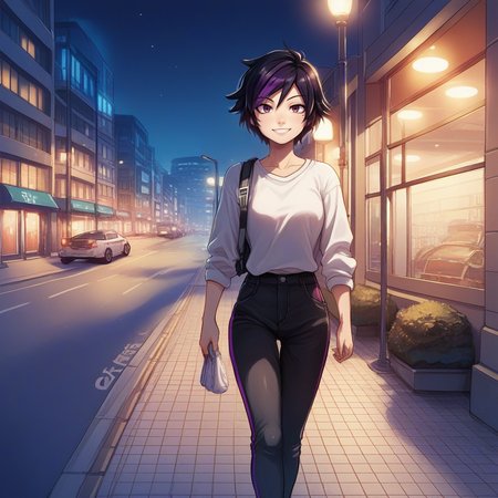 zPDXL2,score_9, score_8_up, score_7_up, score_6_up, score_5_up, score_4_up, source_anime, 1girl, solo, looking at viewer, walking, smile, night time, night, urban,  cowboy shot, close up, gogo_tomago, big_hero_6,    , <lora:Sidewalk:0.7> s1dew4lk, building, sidewalk, next to street, outdoors,