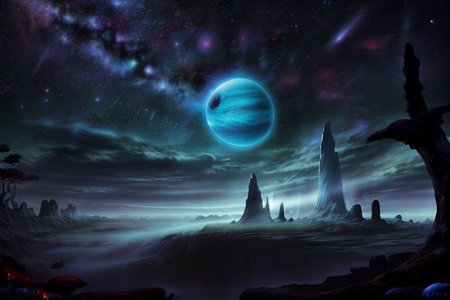 masterpiece, best quality, A humid and dense alien forest stretches out to the horizon, and only lonely rocks rise from this greenish mass with sharp black peaks, a light haze rises above the trees. The sky gradually changes color from bluish at the horizon to blue-black at the top of the picture. In the dark part of the sky, bright stars and a light blue gas giant planet are visible.  Matte painting, artstation, 4k, high resolution, (masterpiece:1.2), best quality