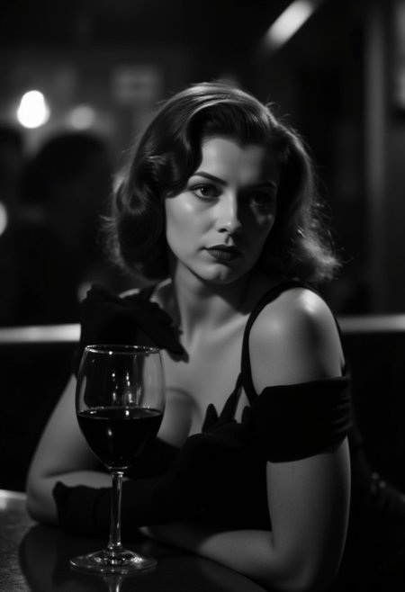 A beautiful brunette woman in 1940s film noir style, sitting at a table in a dimly lit cabaret, drinking wine. The analog monochrome photography captures her enigmatic expression and the dramatic lighting, with deep shadows and a vintage aesthetic. The composition frames her from the mid-torso up, emphasizing her glamorous attire and the atmospheric setting.