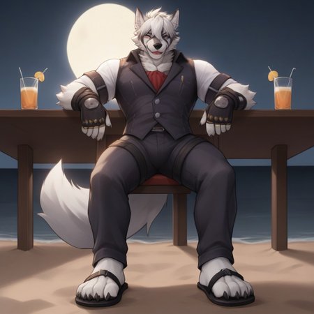 (((Barefoot furry character, full body, cinematic setting, furry male, plantigrade))) 
(((front view from below))) on Von Lycaon, muscular white wolf, in a (((yellow Hawaiian shirt))) with green or purple pattern, wearing long blue pants, goth accessories on outfit, nice feet paws with four toes and claws, feet towards the viewer, feet POV, (((brown flip-flops))), (((shoeplay))), (((his feet playing with flip-flops))), dynamic pose, smile, drinks whiskey, drunk, sleepy, on beach, near beach bar, (((night))), (((outdoors))), focus on feet paws, 
BREAK, intricate details, highly detailed, extreme detail, octane render, fine art, best quality, highres, (detailed face:1.5), ((full_body)), UHD, (((perfect hands))), low light, anime
