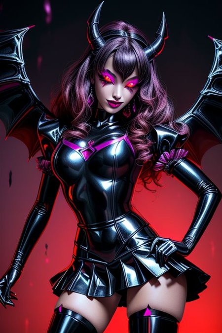 MEvil, DemonicT, EvlSM, Bad_End_Precure, DarkPrecure, adult, evil corrupted princess wearing dark pastel (ruffled:1) (gleaming latex:1)  gown with (long latex cape:1) and latex elbow gauntlets, soft lighting, ruffles,
(makeup, lipstick, mascara, eyeshadow),
(blue skin, black sclera, colored sclera, colored skin, yellow eyes, demon wings, demon horns, slit pupils),
(red eyes, colored skin, glowing eyes, evil smile),
<lora:more_details:1>,