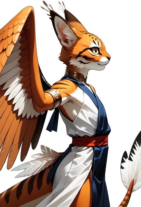 MVC2style
1person, Palagiri, anthro, feline features, feline nose, ((wings)), ((armless)), large perfect wings, 
3/4 view, perfect wings, ((feathers-tipped tail, fanned tail-tip, tapering-tip tail)), simple background, white background, upper body,
Source: anime, score: 9, score: 8up,