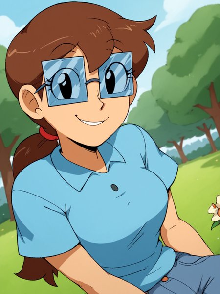 score_9, score_8_up, score_7_up,  score_6_up, BREAK, S0s4n, 1girl, solo, black eyes, long hair, brown hair, glasses, ponytail, blue shirt, jeans, smile, looking at viewer, in the park, flower, tree  <lora:Susan-000006:1>
