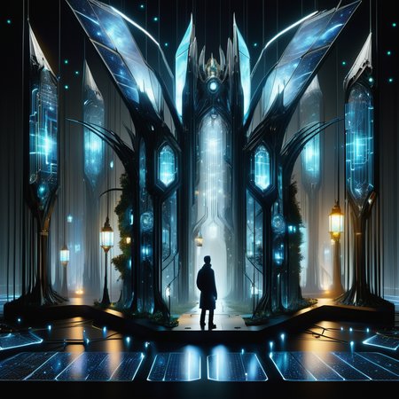 hyper detailed masterpiece, dynamic, awesome quality,DonMT3chW0rldXL nexus dynamics center,  electroactive shape-changing facades, bollard lights,fireflies, wall-mounted lanterns  <lora:DonMT3chW0rldXL-000009:1>