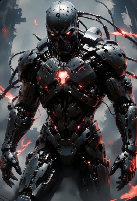 silhouette art, in the style of ck-rw,, a_skynet_cyberdyne_systems_craft, the image is featuring a robotic cyberpunk terminator endoskeleton, titanium and chrome, robot wires and circuitry, robot joints, glowing lights, silhouetted, chiascuro, red glowing eyes, abstract dark cyberpunk background